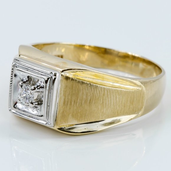 Vintage 10K Two-Tone Gold Solitaire Diamond Men's Ring - Picture 2 of 4